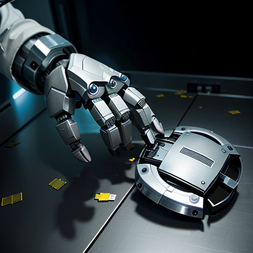 A robotic hand meticulously assembling evidence fragments into a shield.